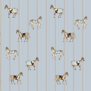 Papel pintado de caballos a rayas celestes | Papel pintado para niño con motivo de caballos | decoración de habitación para niño