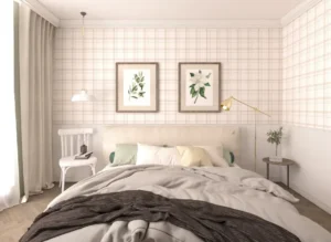 Diseño de dormitorio con papel pintado de cuadros, beige claro
