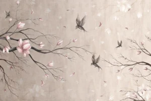 Papel pintado de pájaros y flores rosa empolvado