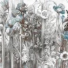 Papel pintado de flores en azul celeste y gris
