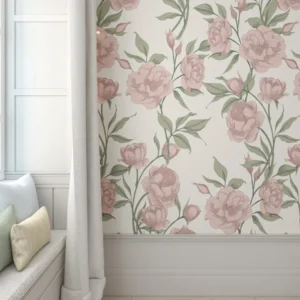 Papel pintado romántico con grandes flores rosas