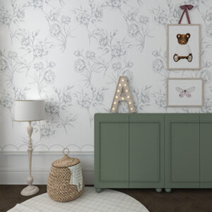 Papel pintado a medida con peonías lineales en color azul celeste,