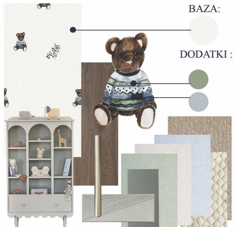 Habitación infantil con papel pintado de osito, librería verde, paneles de madera y textiles en tonos pastel.