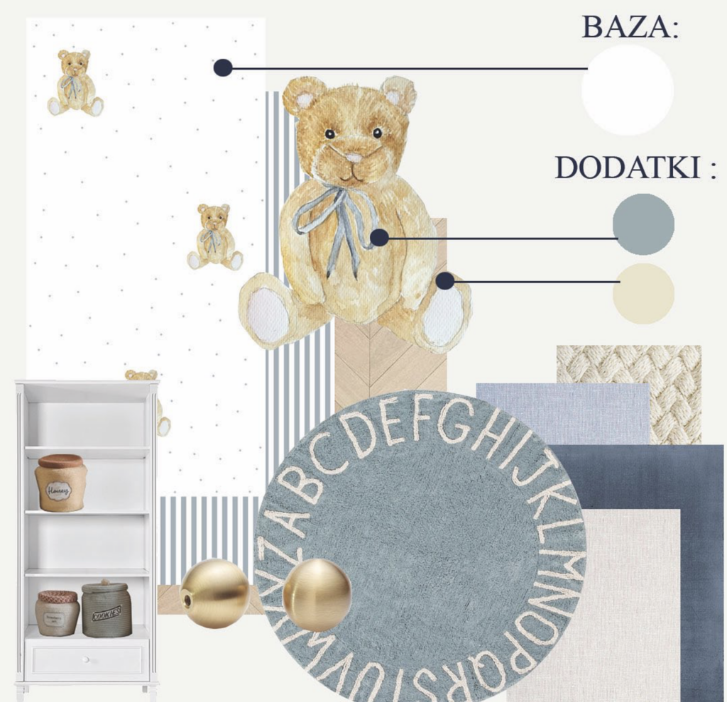 Habitación infantil con papel pintado de osito, alfombra alfabeto azul, estantería blanca y accesorios pastel.