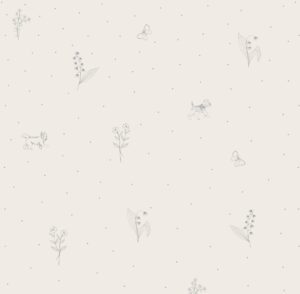 Papel pintado con delicados motivos grises - ramitas, perritos y lunares sobre fondo claro