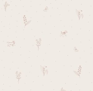 Papel pintado con delicados patrones beige: ramitas, perritos y puntitos sobre un fondo claro