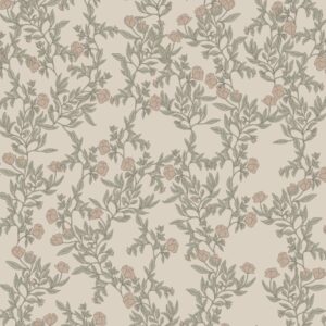 Papel pintado eustoma rosa, verde y beige