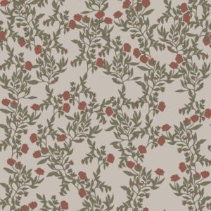 Papel pintado eustoma burdeos, verde y beige