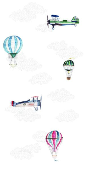 Papel pintado globos, aviones y nubes - en rollo