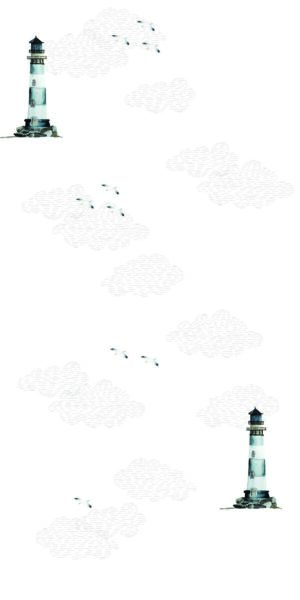 Papel pintado faro, gaviotas y nubes - en rollo