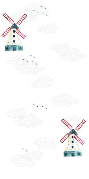 Papel pintado de molino, gaviotas y nubes - en rollo