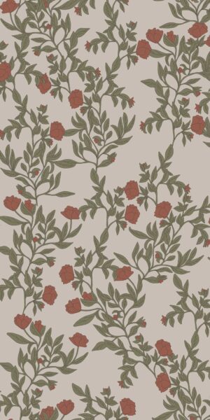 Papel pintado eustoma burdeos, verde y beige - en rollo